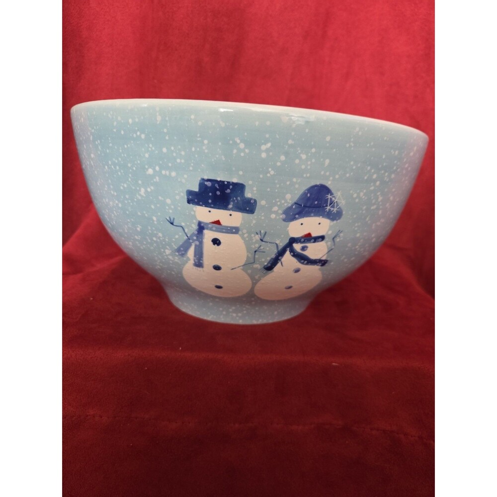 Large Snowman Salad Serving Bowl Blue White Falling Snow Fruit Winter Holiday